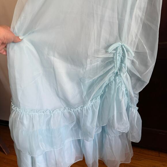 80s Vintage Baby Blue Ruffle Off Shoulder Chiffon Prom Dress with Gather Small - Picture 4 of 6